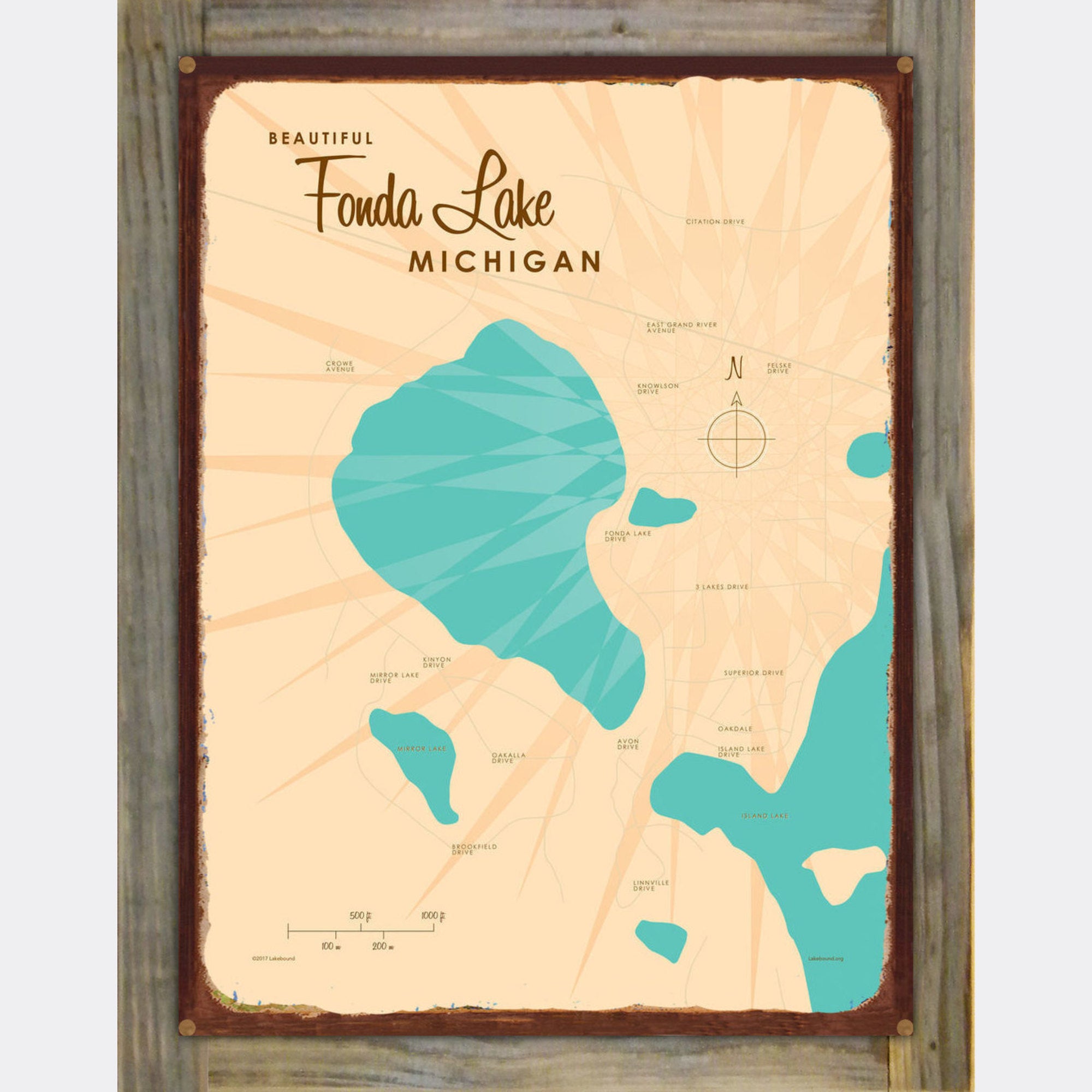 Fonda Lake Michigan, Wood-Mounted Rustic Metal Sign Map Art