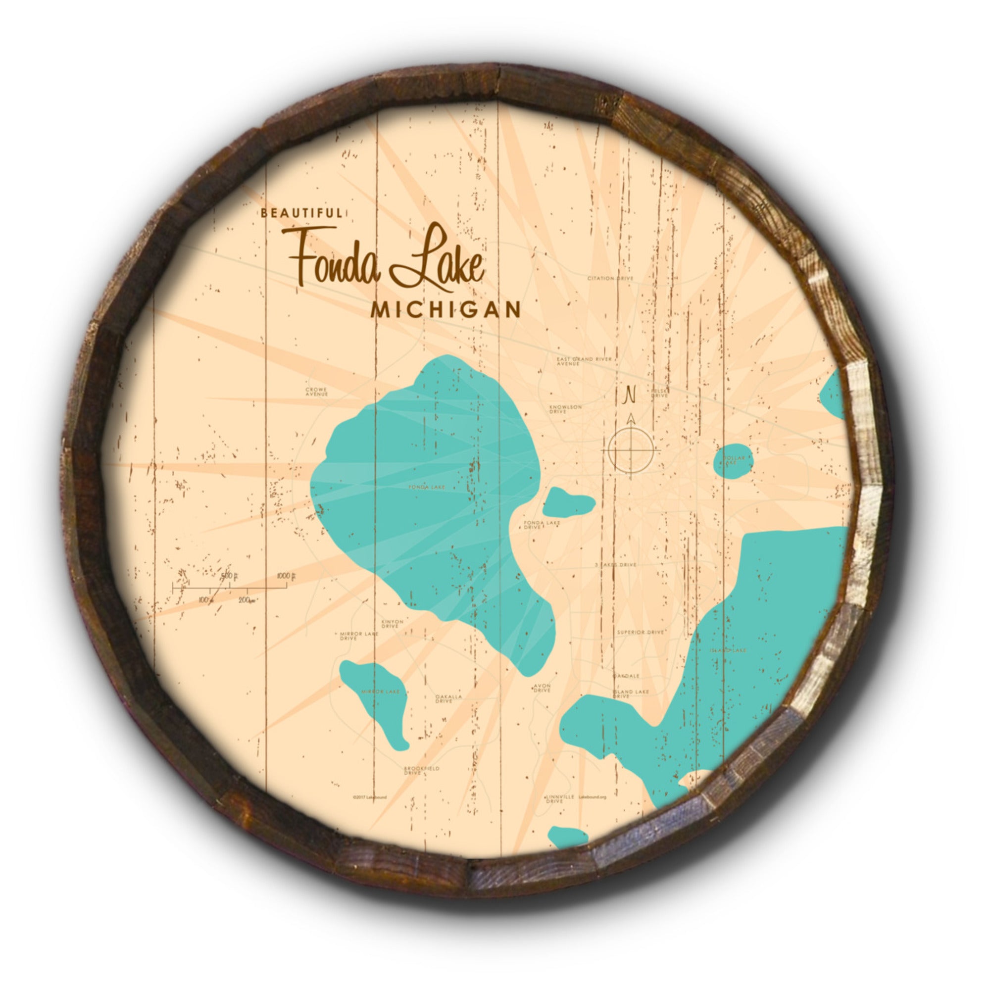 Fonda Lake Michigan, Rustic Barrel End Map Art