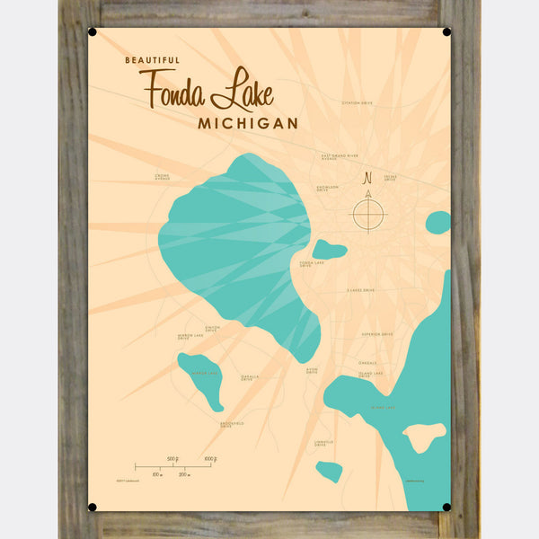 Fonda Lake Michigan, Wood-Mounted Metal Sign Map Art