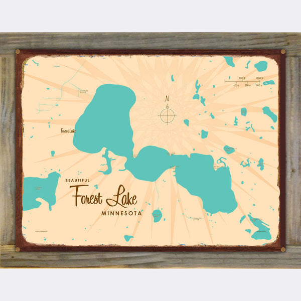 Forest Lake Minnesota, Wood-Mounted Rustic Metal Sign Map Art