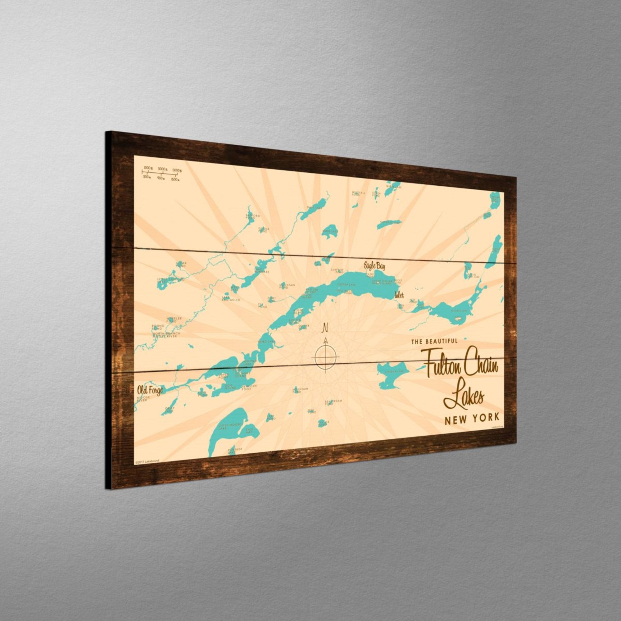 Fulton Chain Lakes New York, Rustic Wood Sign Map Art