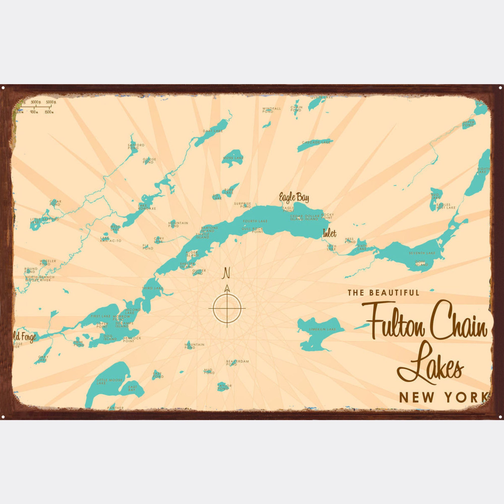 Fulton Chain of Lakes New York, Rustic Metal Sign Map Art