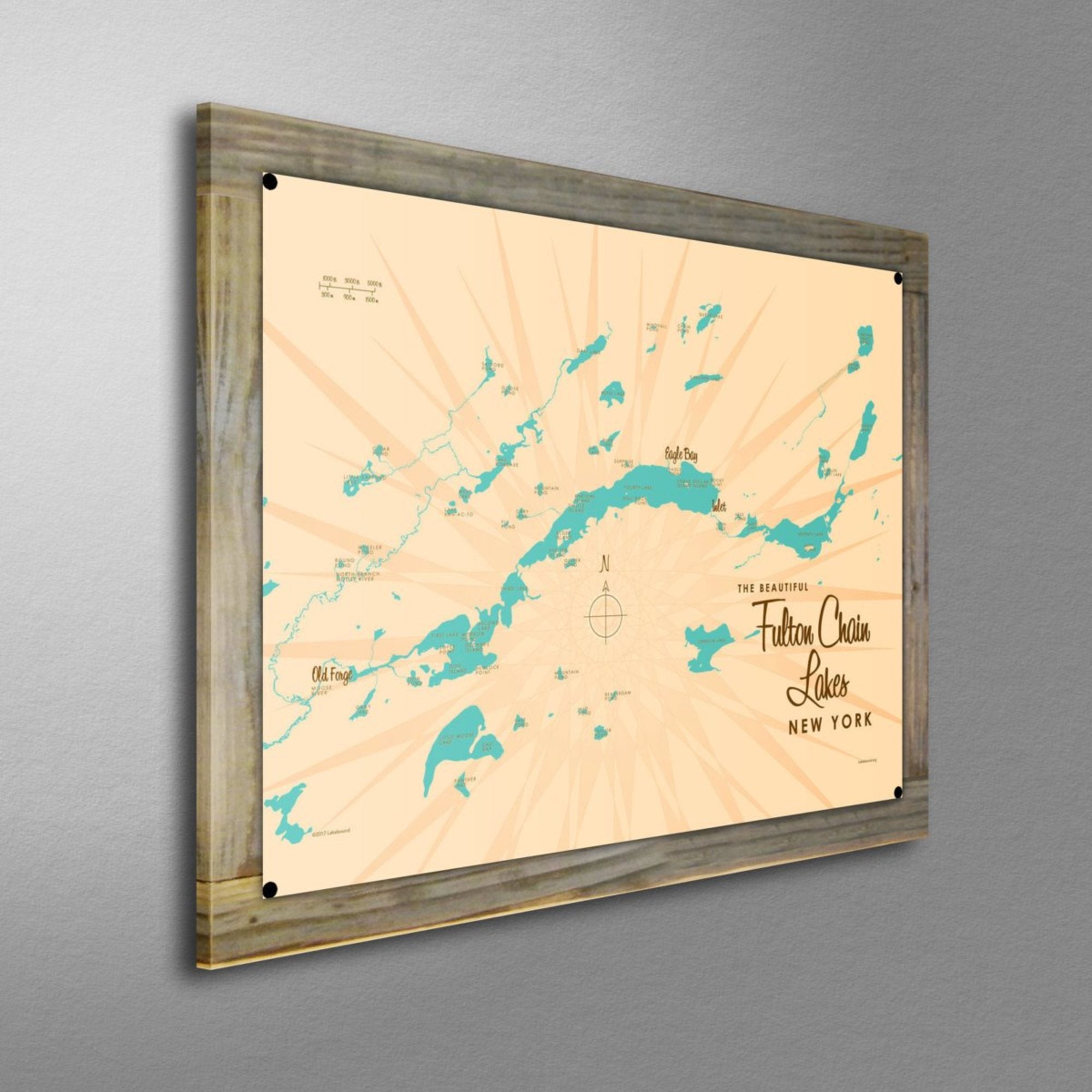 Fulton Chain of Lakes New York, Wood-Mounted Metal Sign Map Art