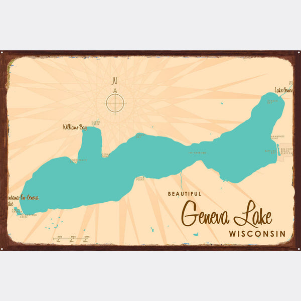 Geneva Lake Wisconsin, Rustic Metal Sign Map Art