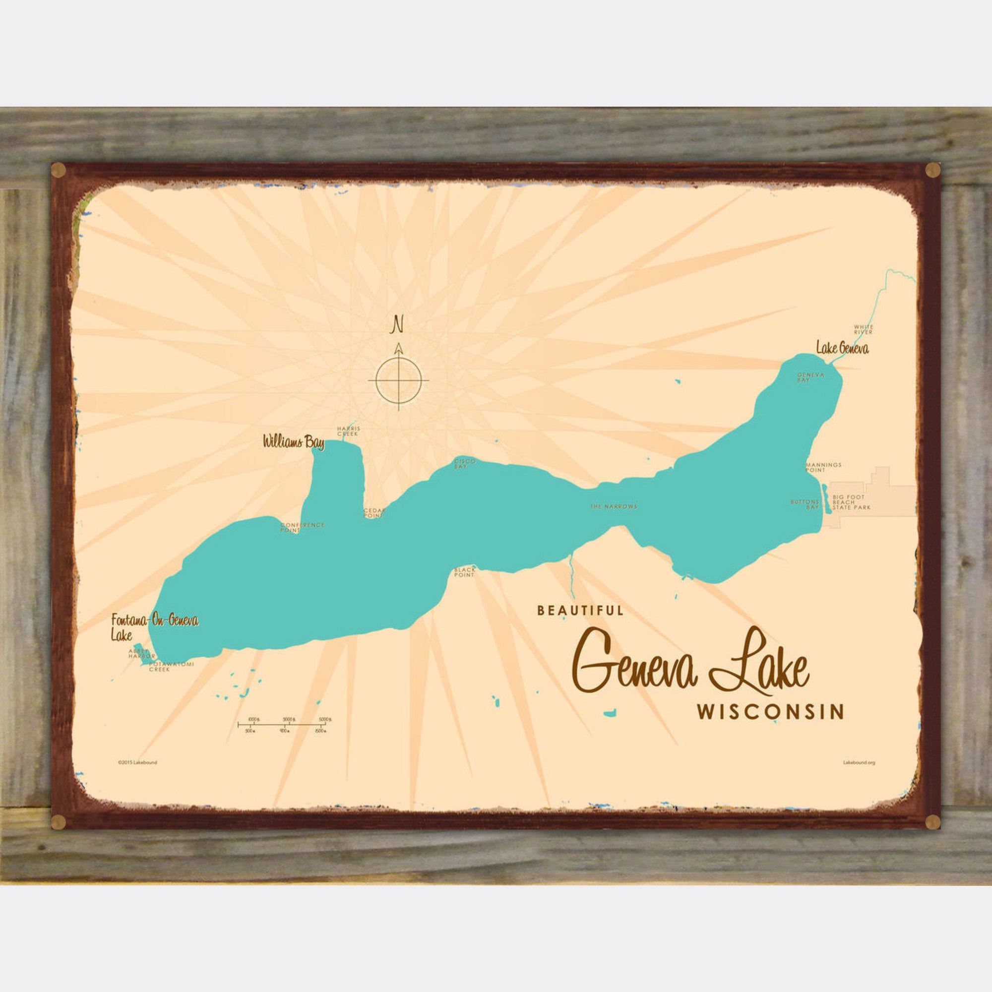 Geneva Lake Wisconsin, Wood-Mounted Rustic Metal Sign Map Art