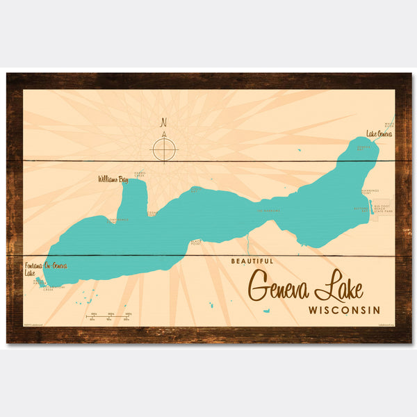 Geneva Lake Wisconsin, Rustic Wood Sign Map Art