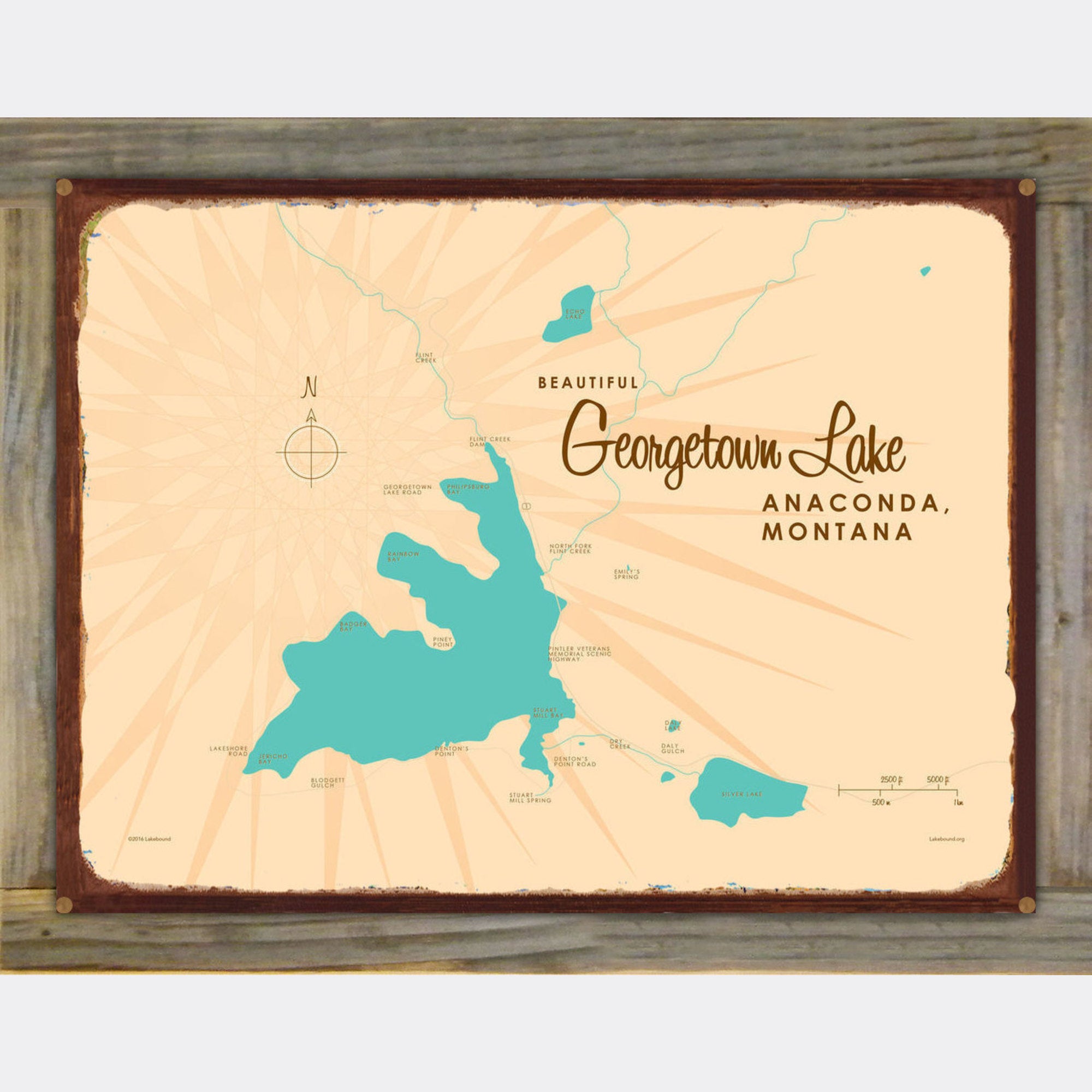 Georgetown Lake Montana, Wood-Mounted Rustic Metal Sign Map Art
