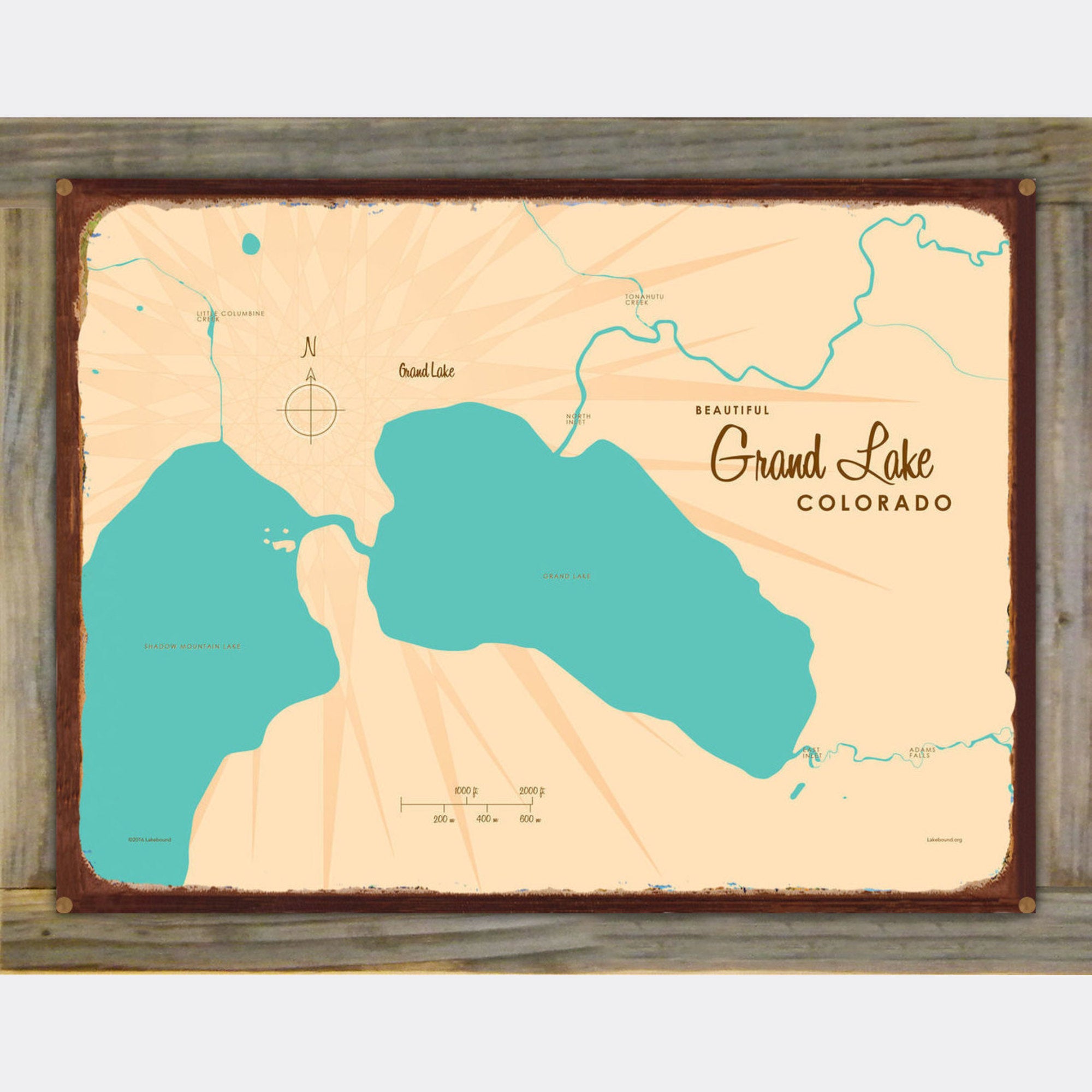 Grand Lake Colorado, Wood-Mounted Rustic Metal Sign Map Art