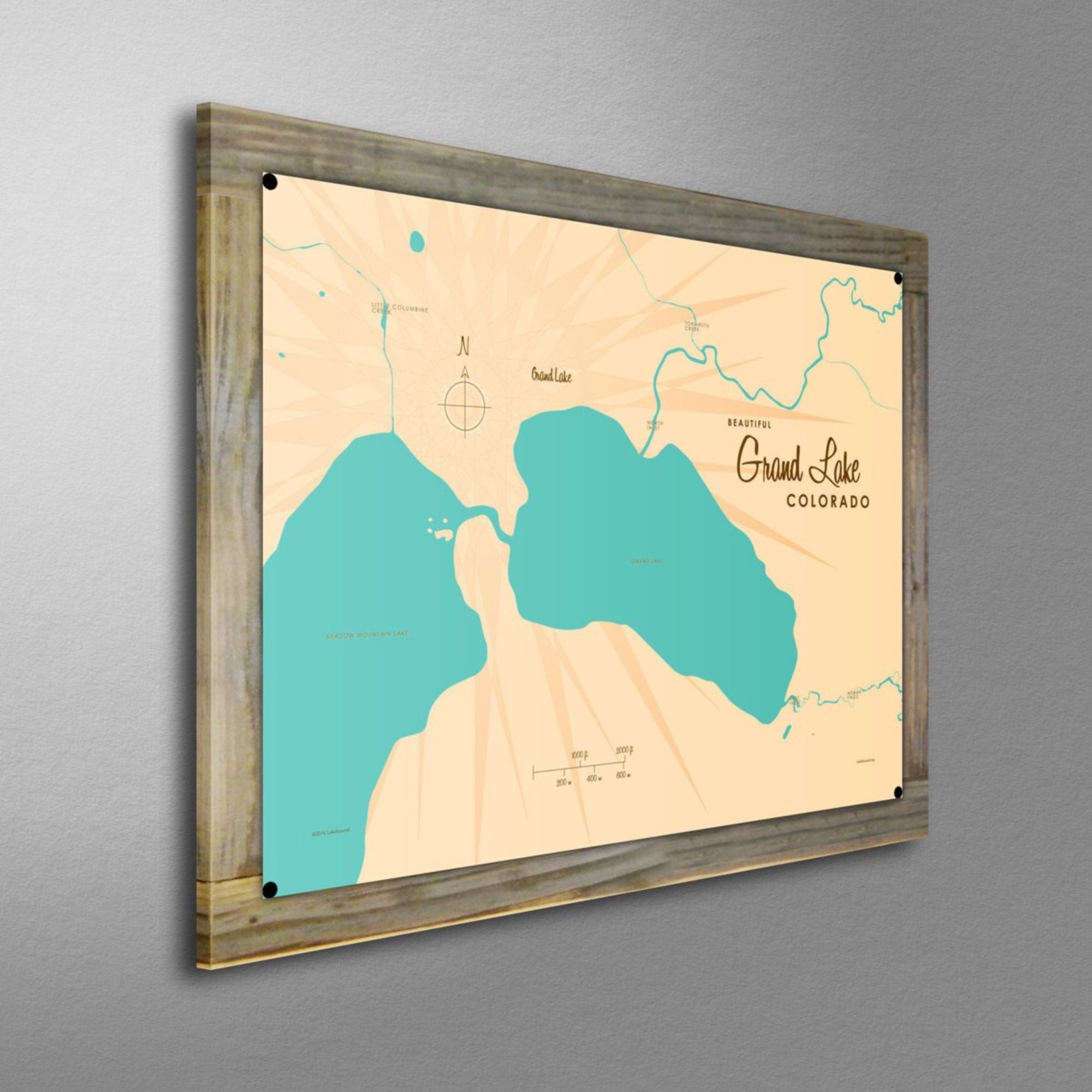 Grand Lake Colorado, Wood-Mounted Metal Sign Map Art