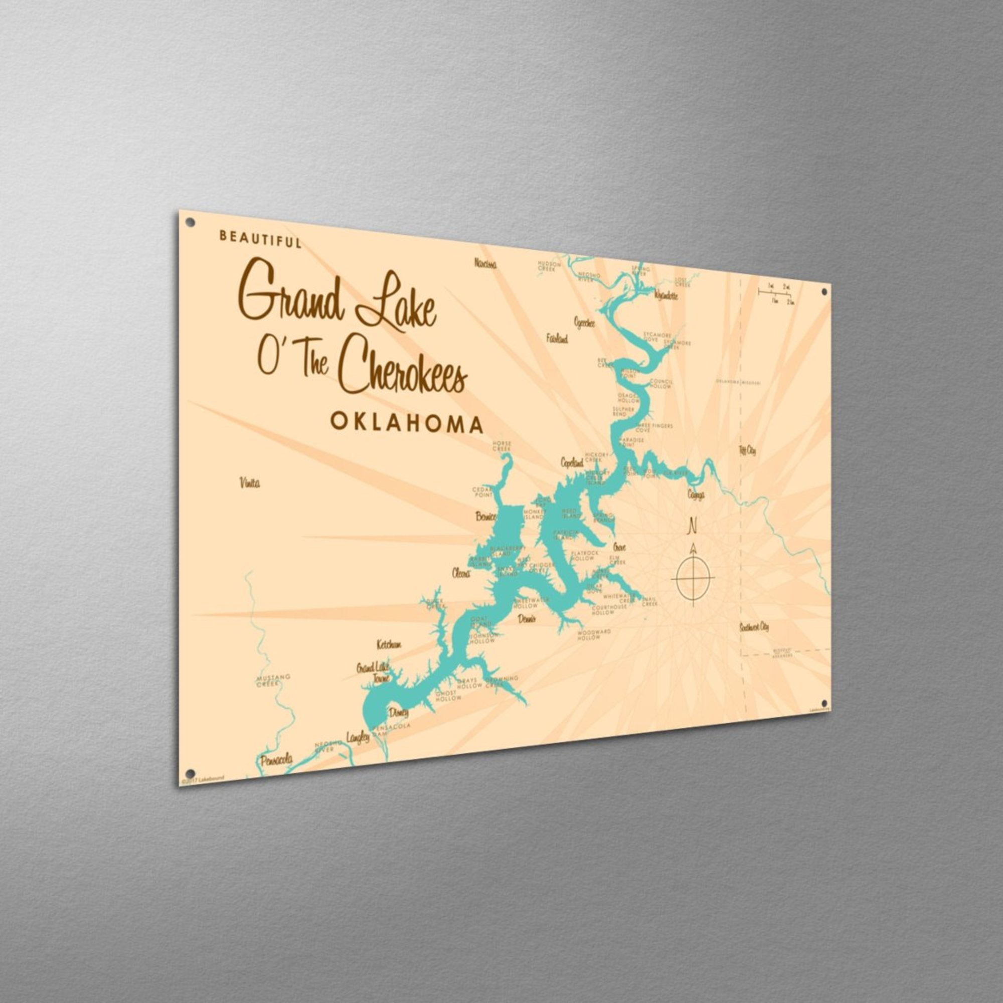 Grand Lake O' The Cherokees Oklahoma, Metal Sign Map Art