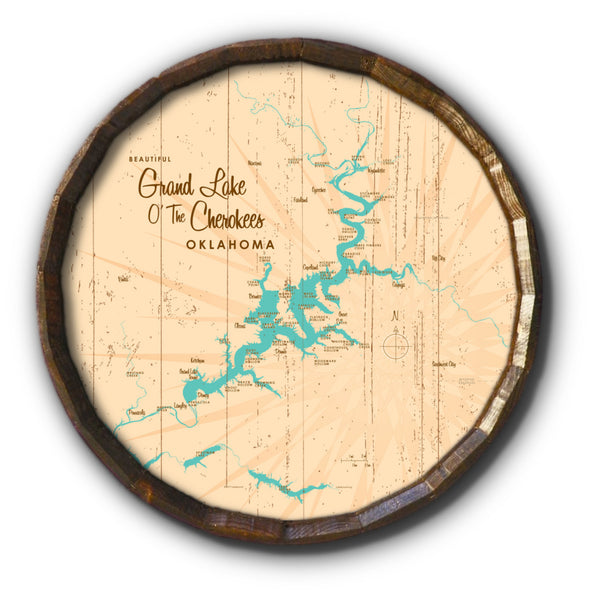 Grand Lake O' The Cherokees Oklahoma, Rustic Barrel End Map Art