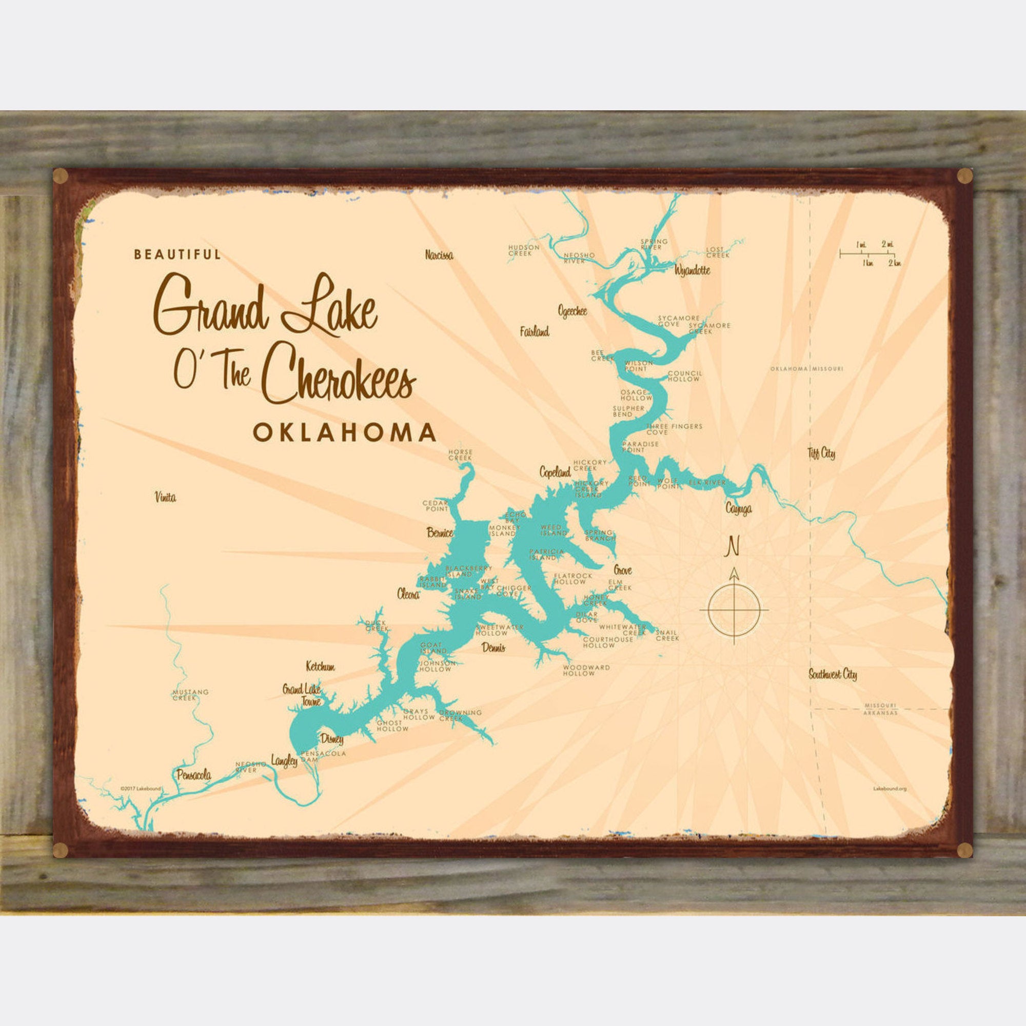Grand Lake O' The Cherokees Oklahoma, Wood-Mounted Rustic Metal Sign Map Art