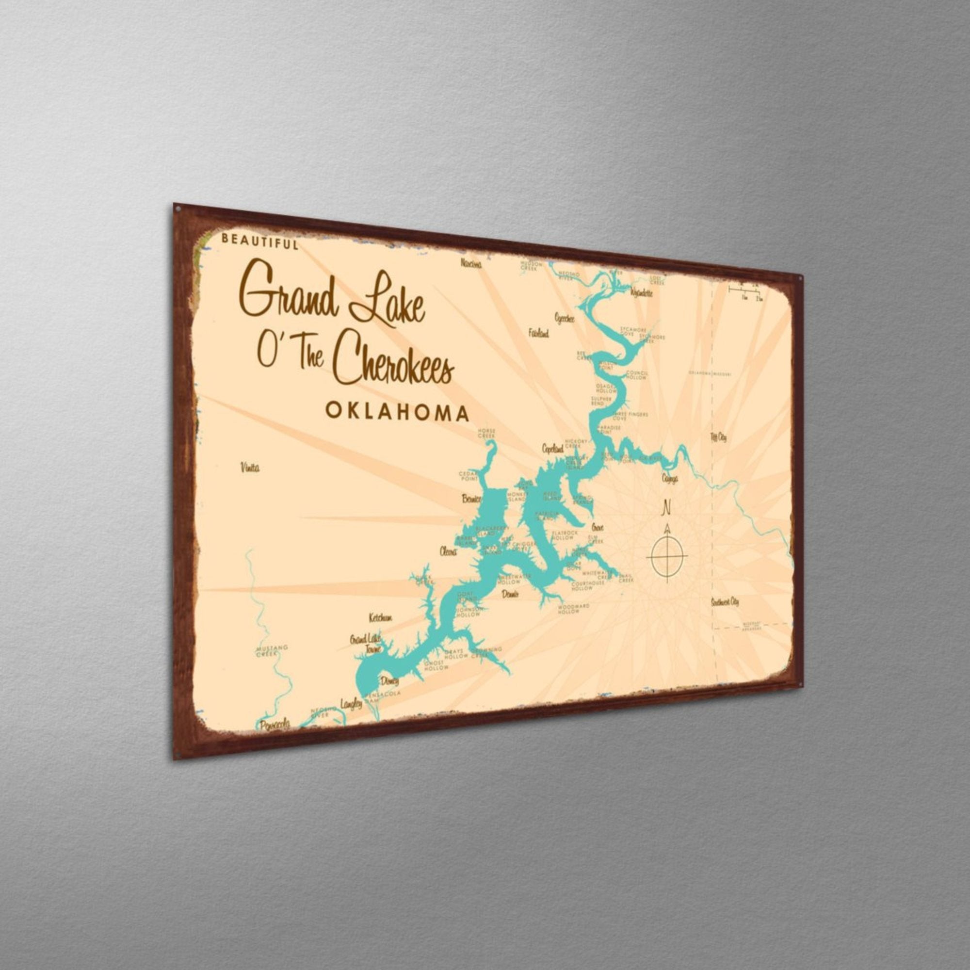 Grand Lake O' The Cherokees Oklahoma, Rustic Metal Sign Map Art