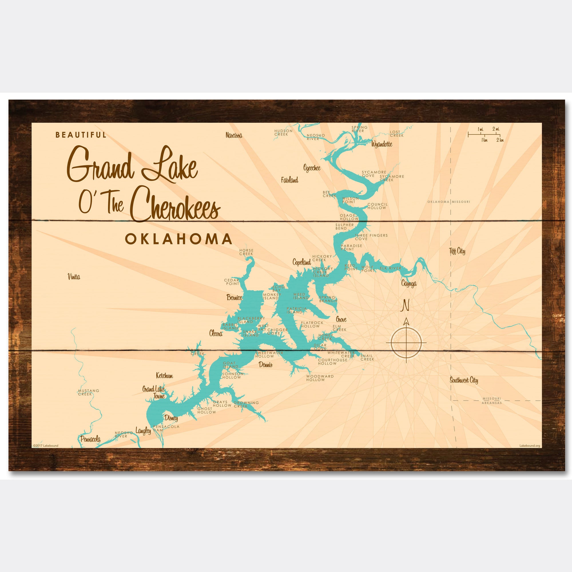 Grand Lake O' The Cherokees Oklahoma, Rustic Wood Sign Map Art