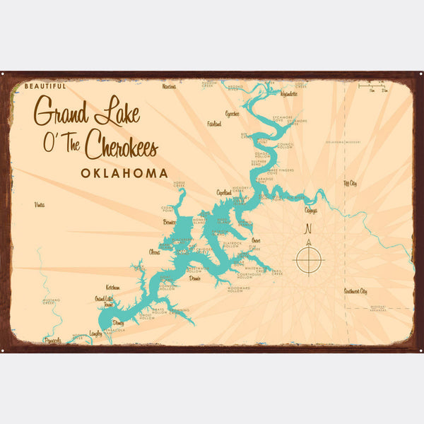 Grand Lake O' The Cherokees Oklahoma, Rustic Metal Sign Map Art