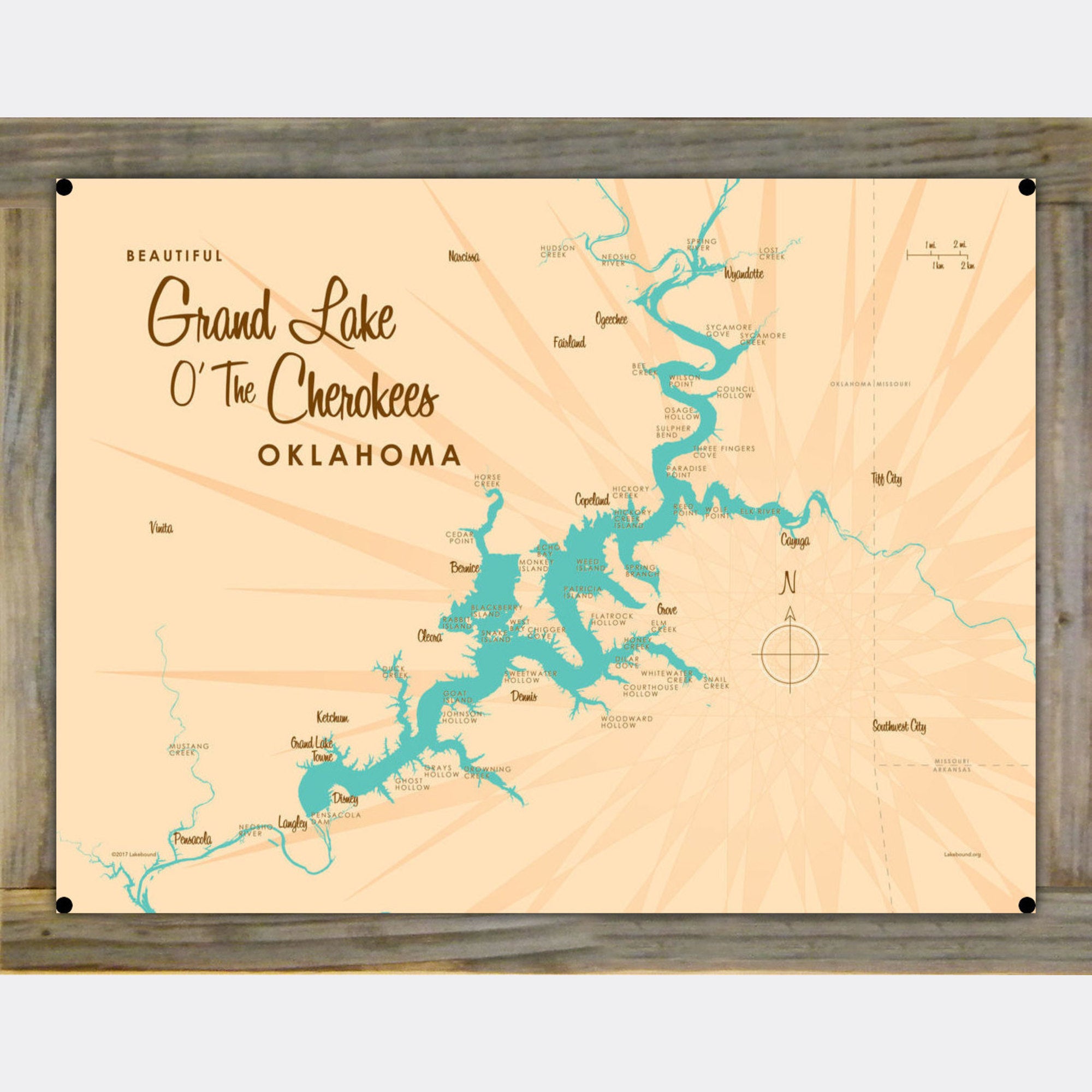Grand Lake O' The Cherokees Oklahoma, Wood-Mounted Metal Sign Map Art