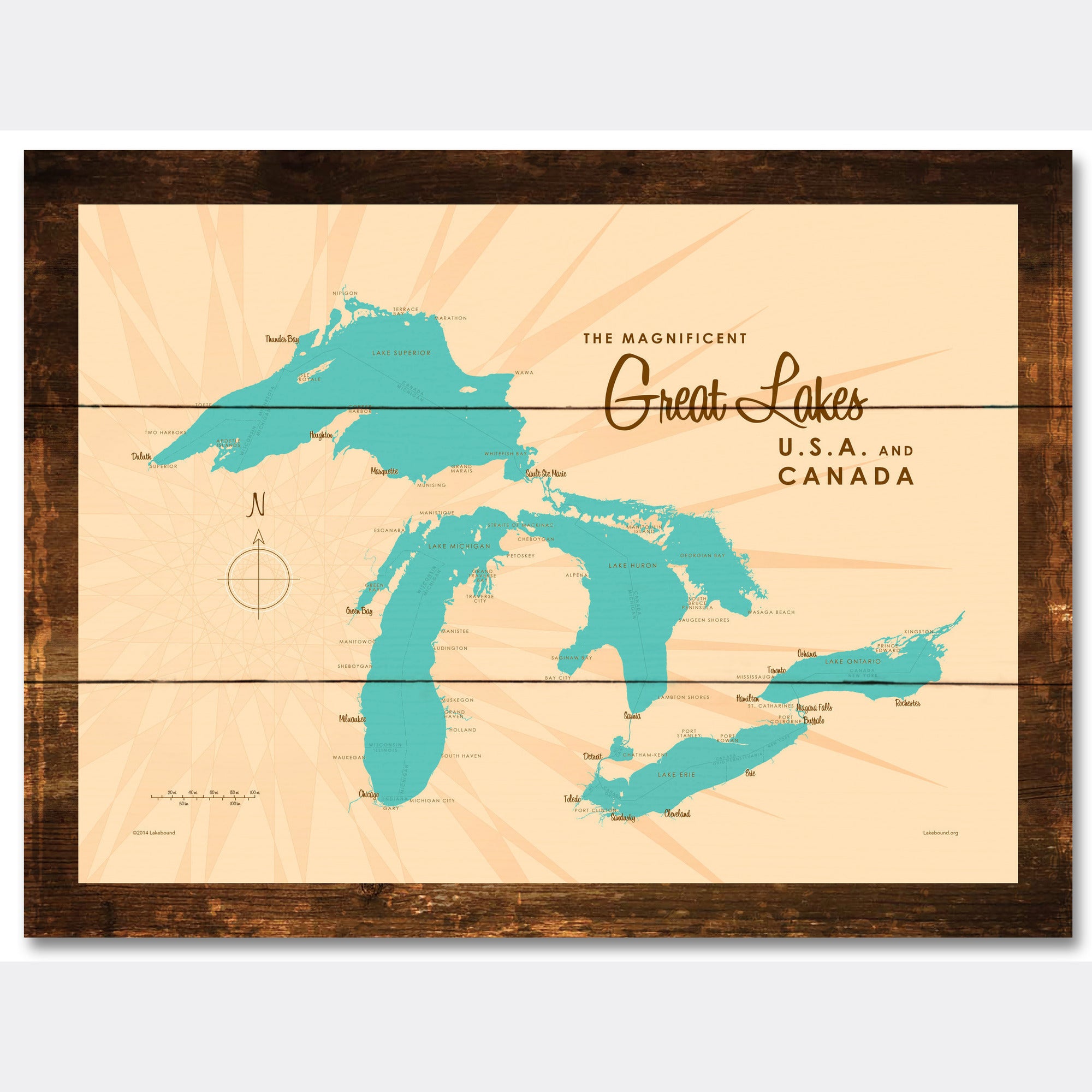Great Lakes, Rustic Wood Sign Map Art