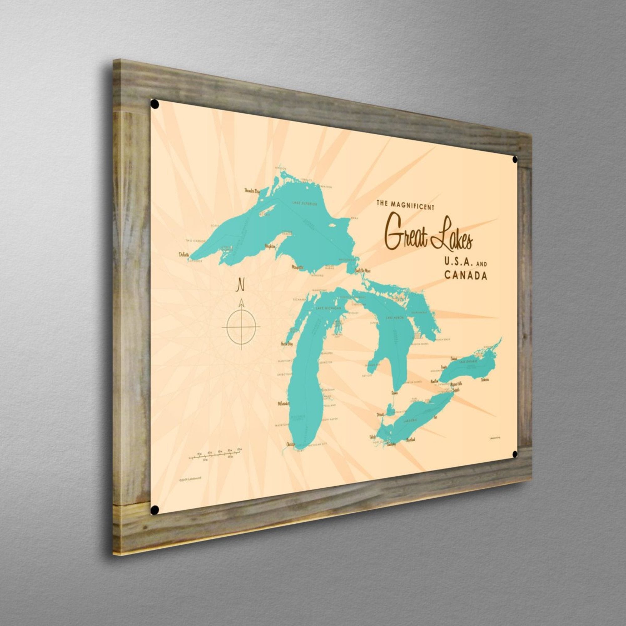 Great Lakes USA Canada, Wood-Mounted Metal Sign Map Art