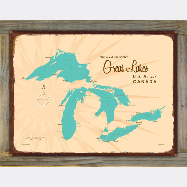 Great Lakes USA Canada, Wood-Mounted Rustic Metal Sign Map Art