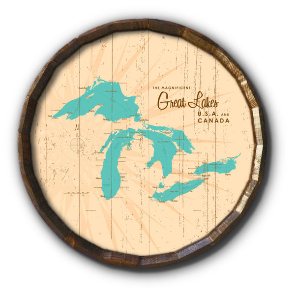 Great Lakes, Rustic Barrel End Map Art