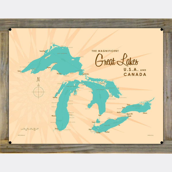 Great Lakes USA Canada, Wood-Mounted Metal Sign Map Art