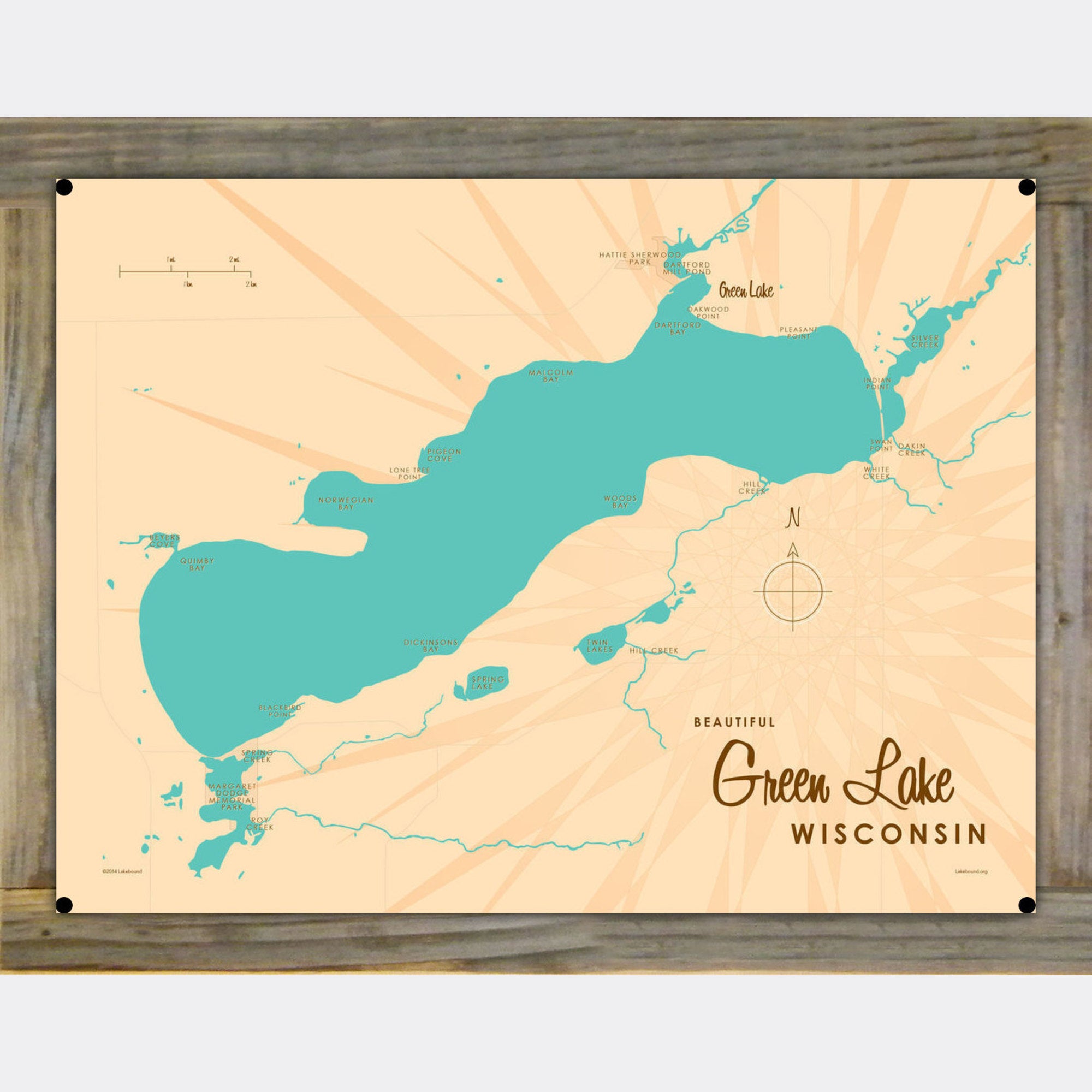 Green Lake Wisconsin, Wood-Mounted Metal Sign Map Art