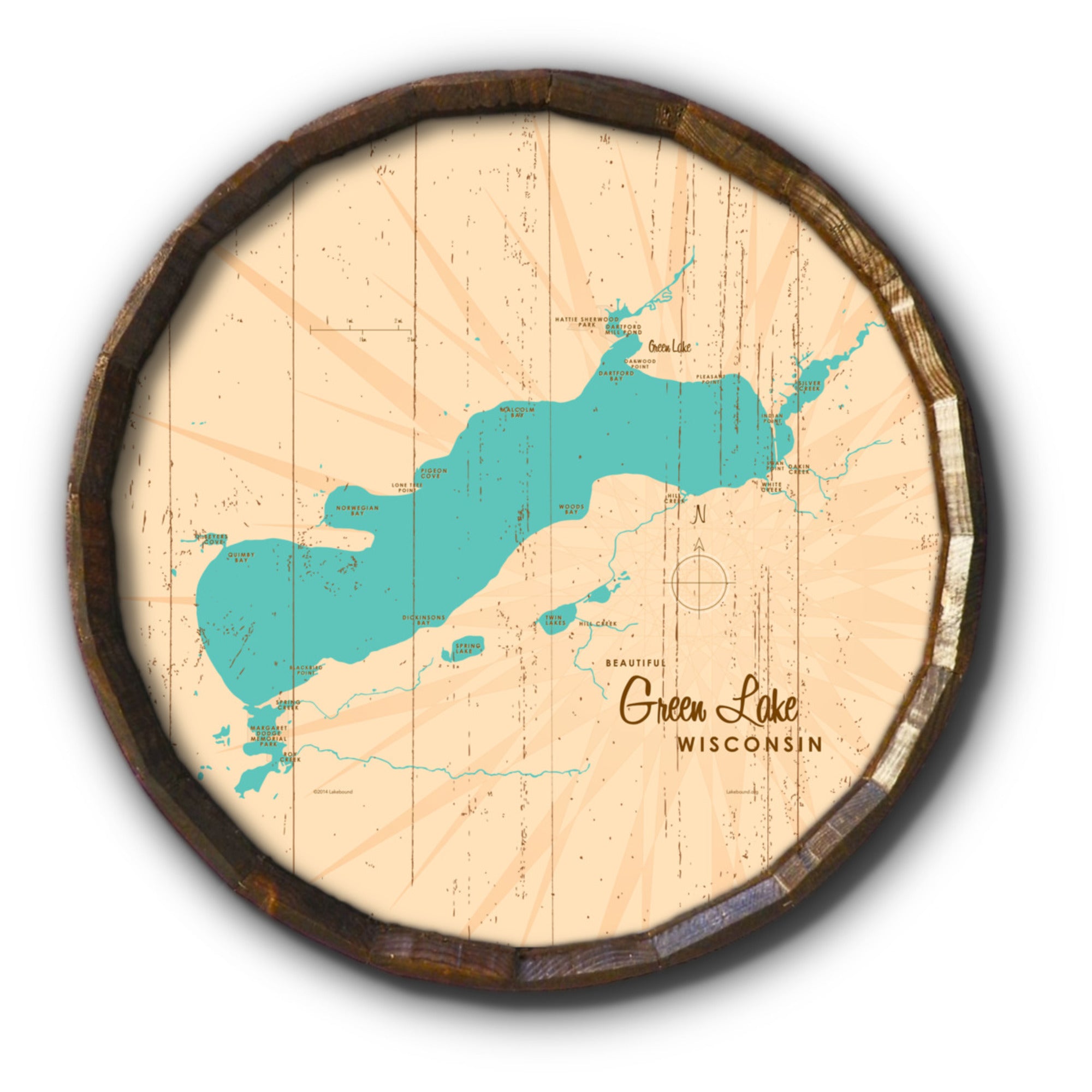 Green Lake Wisconsin, Rustic Barrel End Map Art
