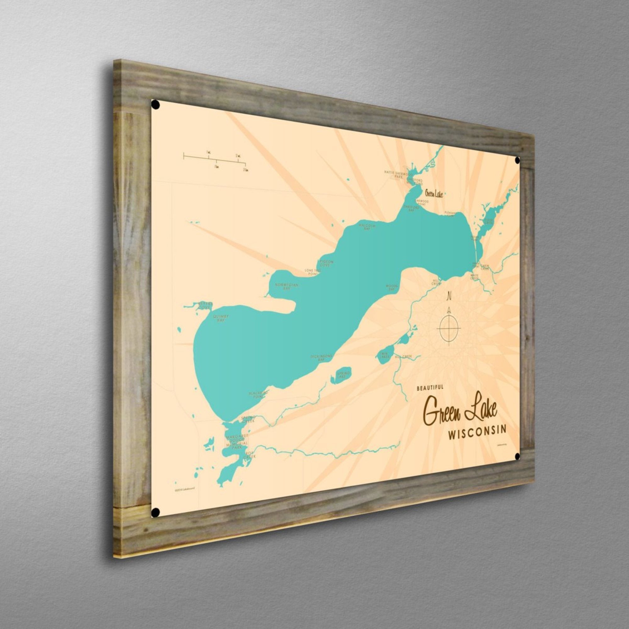 Green Lake Wisconsin, Wood-Mounted Metal Sign Map Art