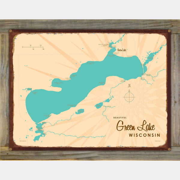 Green Lake Wisconsin, Wood-Mounted Rustic Metal Sign Map Art