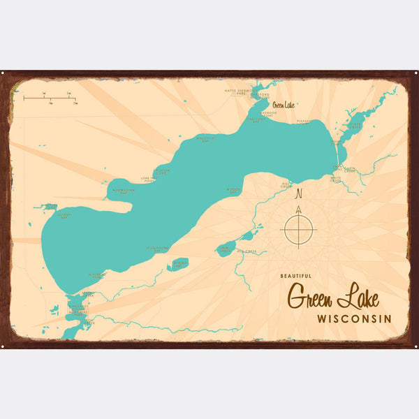 Green Lake Wisconsin, Rustic Metal Sign Map Art