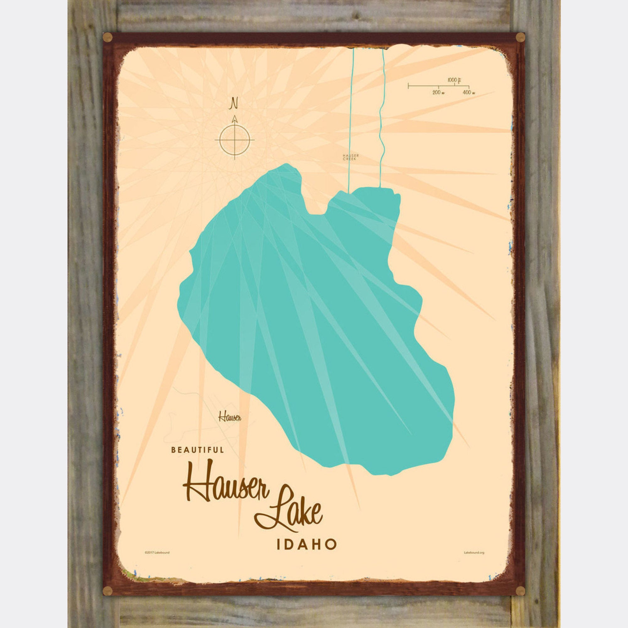 Hauser Lake Idaho, Wood-Mounted Rustic Metal Sign Map Art