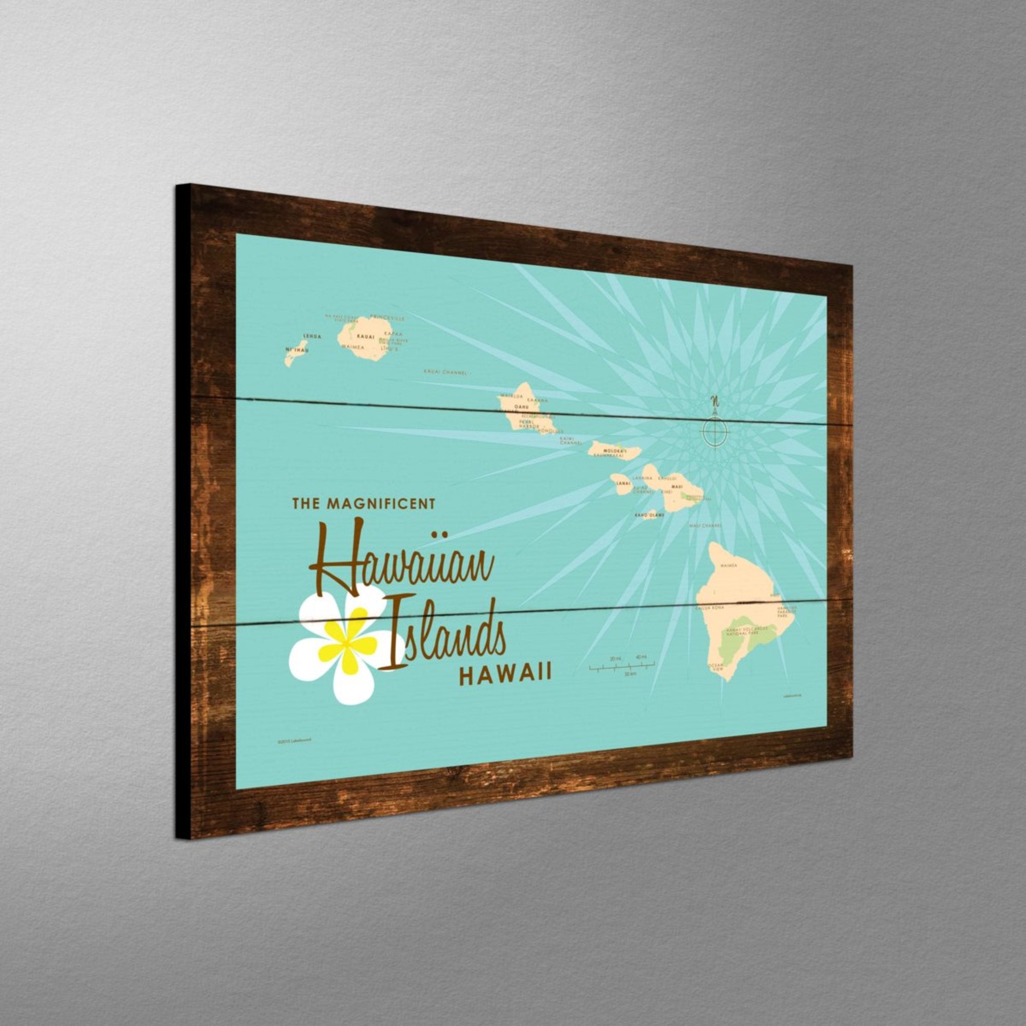 Hawaiian Islands, Rustic Wood Sign Map Art
