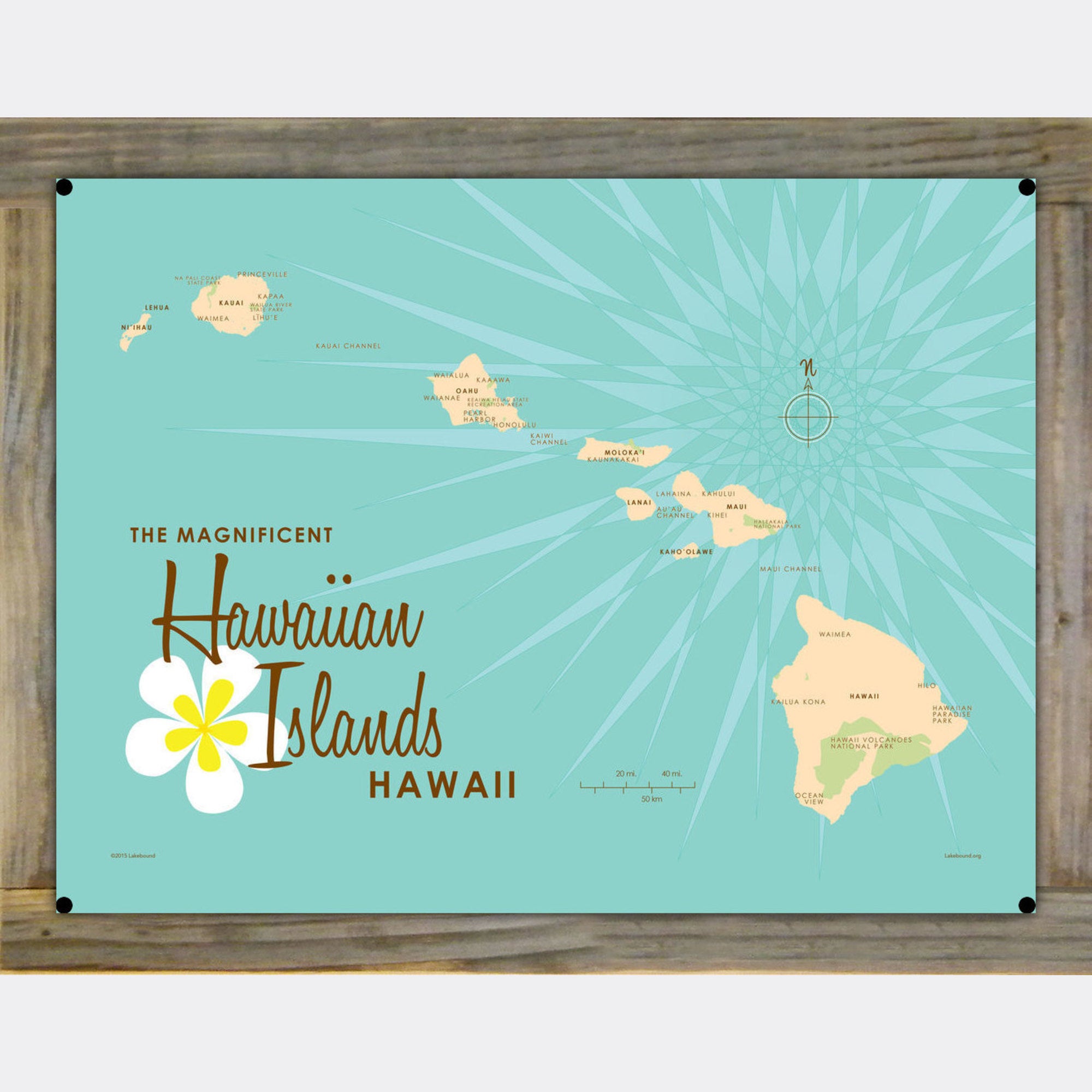 Hawaiian Islands, Wood-Mounted Metal Sign Map Art