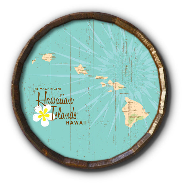 Hawaiian Islands, Rustic Barrel End Map Art