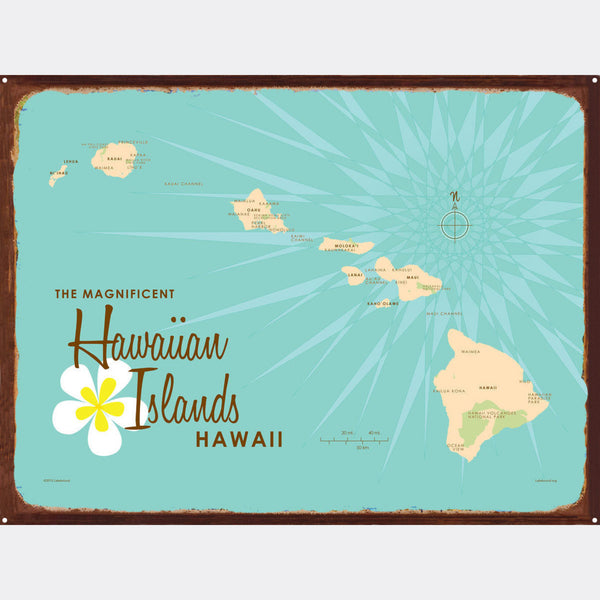 Hawaiian Islands, Rustic Metal Sign Map Art