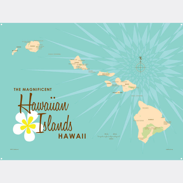 Hawaiian Islands, Metal Sign Map Art