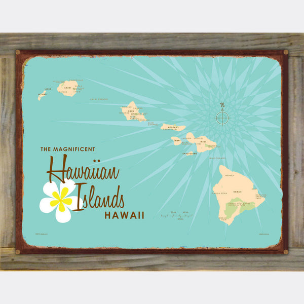 Hawaiian Islands, Wood-Mounted Rustic Metal Sign Map Art