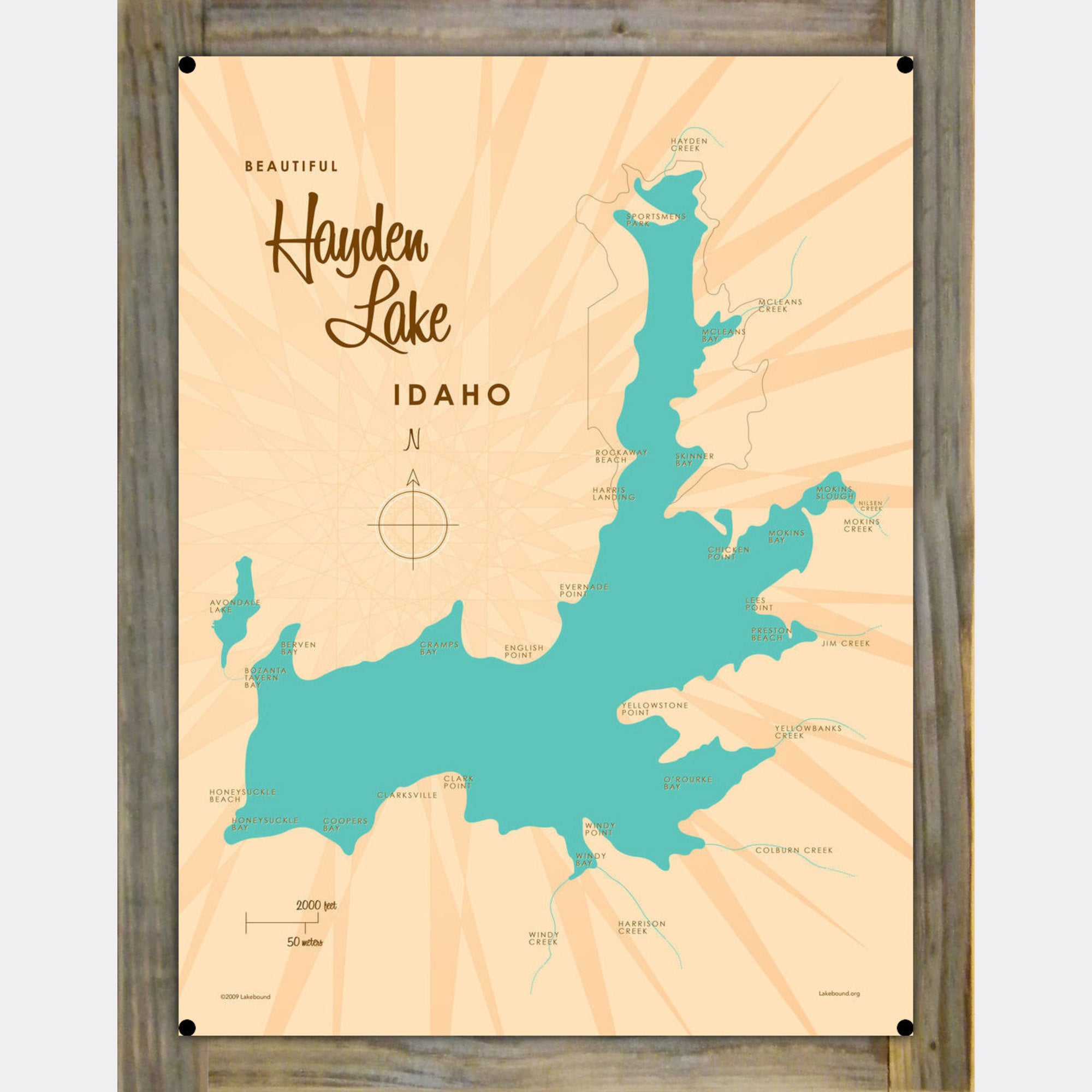 Hayden Lake Idaho, Wood-Mounted Metal Sign Map Art