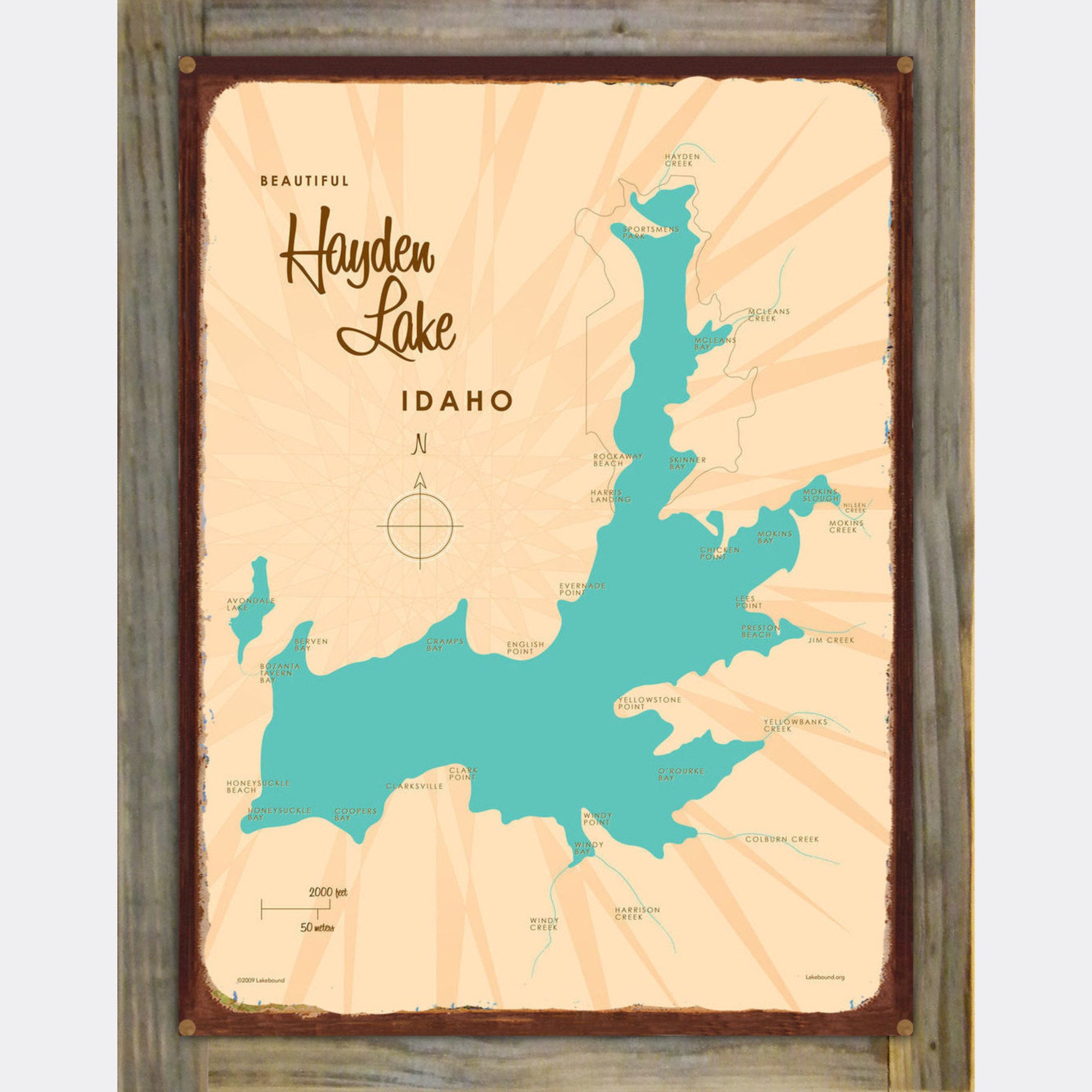 Hayden Lake Idaho, Wood-Mounted Rustic Metal Sign Map Art