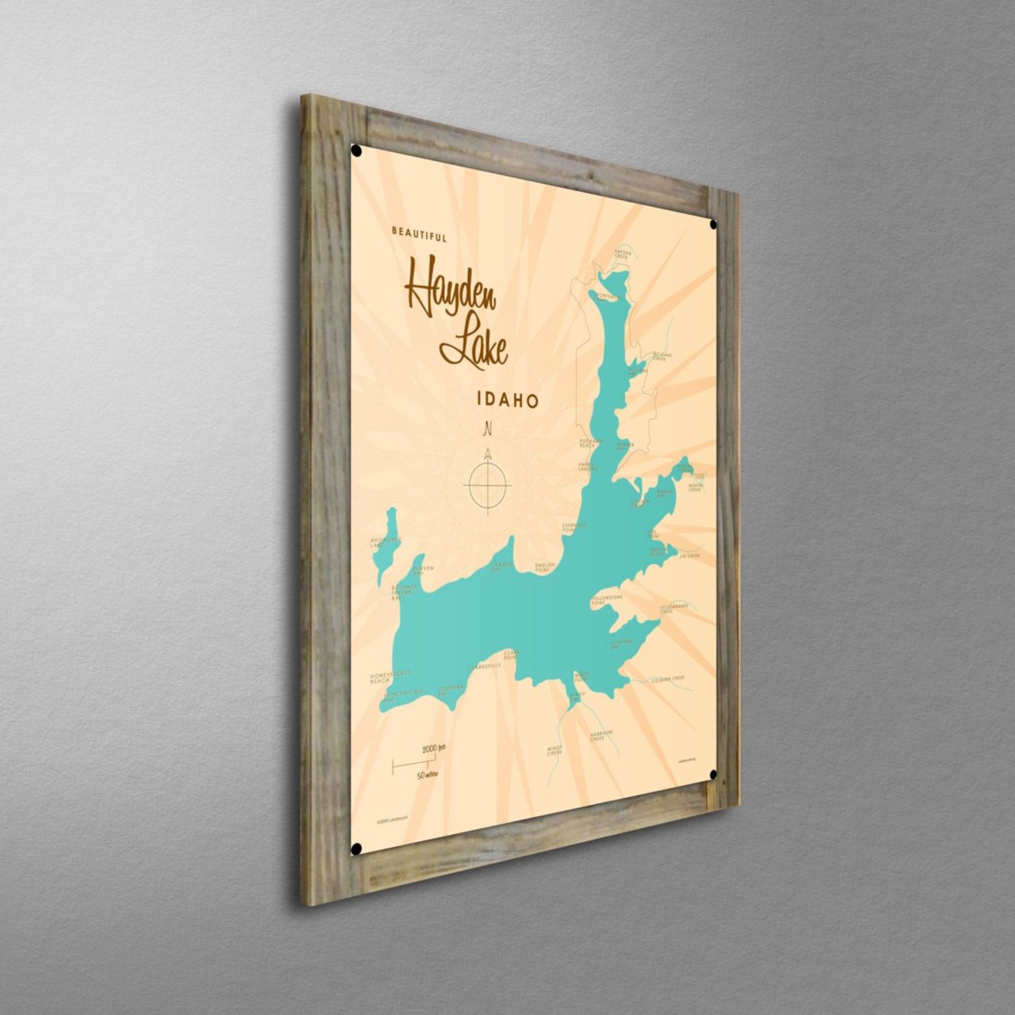 Hayden Lake Idaho, Wood-Mounted Metal Sign Map Art