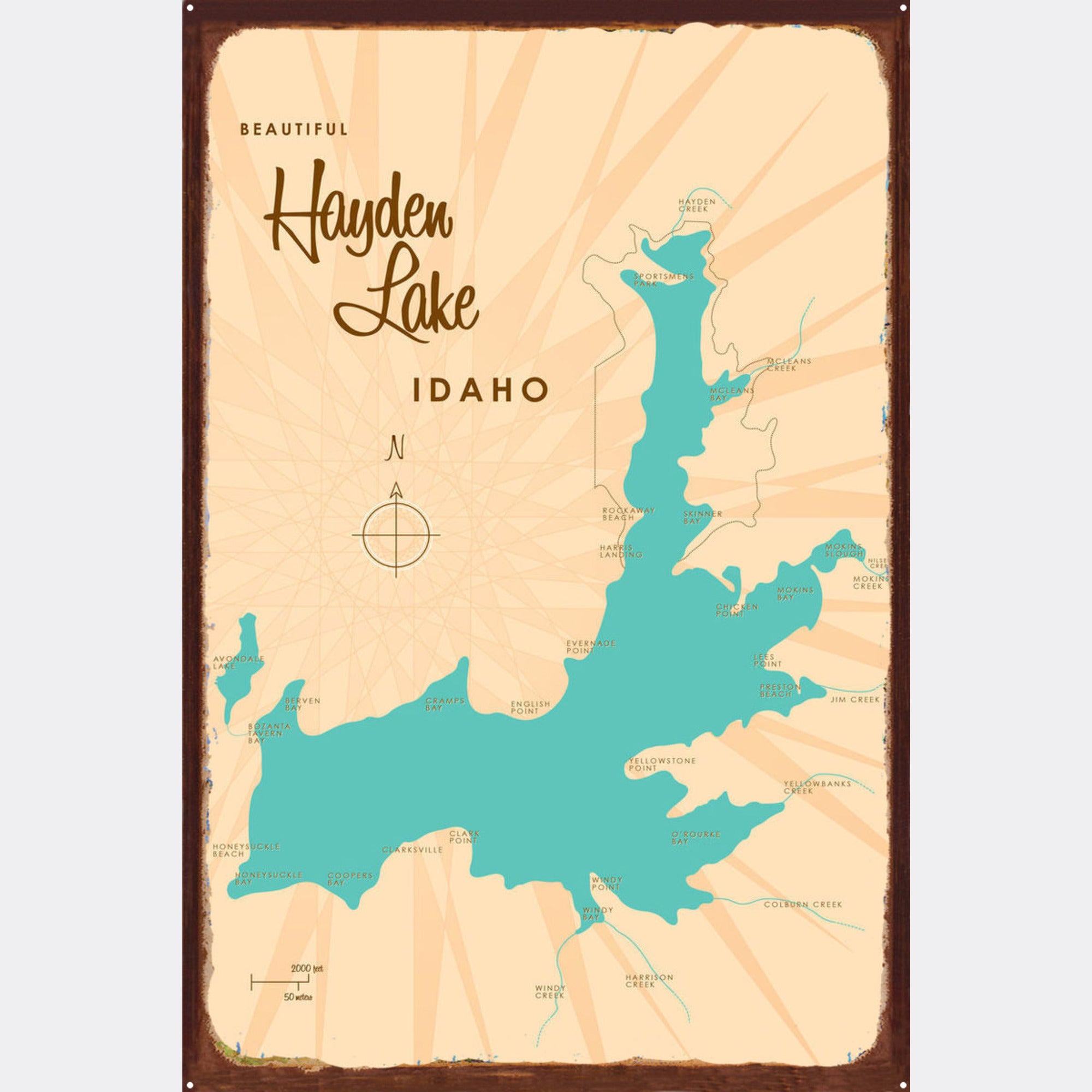 Hayden Lake Idaho, Rustic Metal Sign Map Art