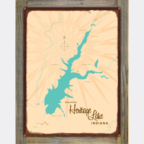 Heritage Lake Indiana, Wood-Mounted Rustic Metal Sign Map Art