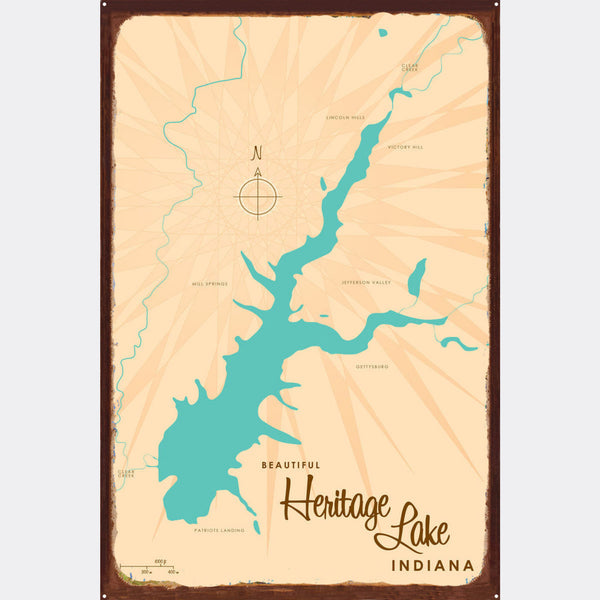 Heritage Lake Indiana, Rustic Metal Sign Map Art