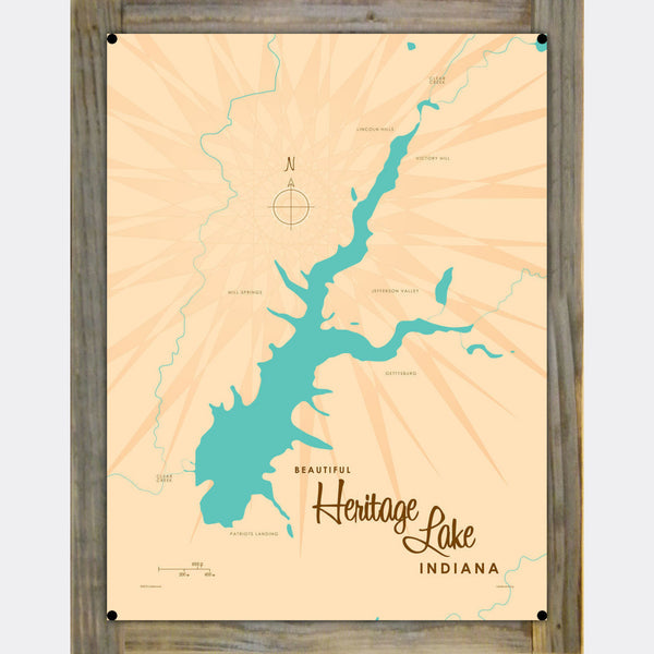 Heritage Lake Indiana, Wood-Mounted Metal Sign Map Art