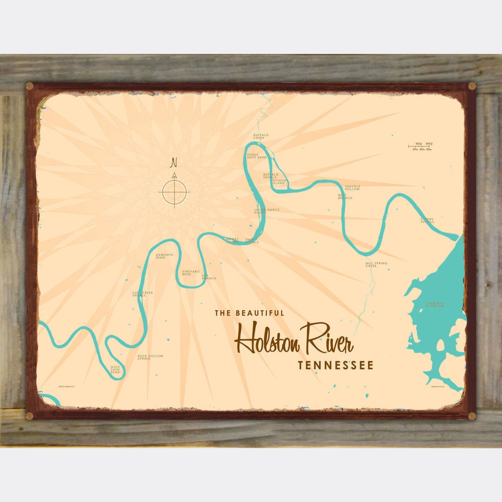 Holston River Tennessee, Wood-Mounted Rustic Metal Sign Map Art