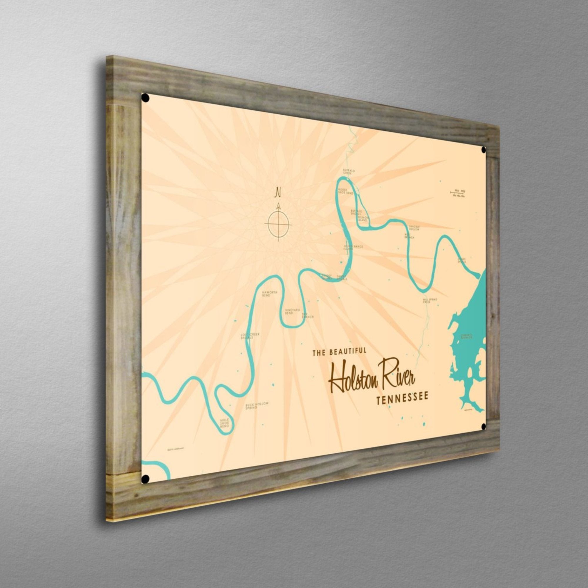 Holston River Tennessee, Wood-Mounted Metal Sign Map Art