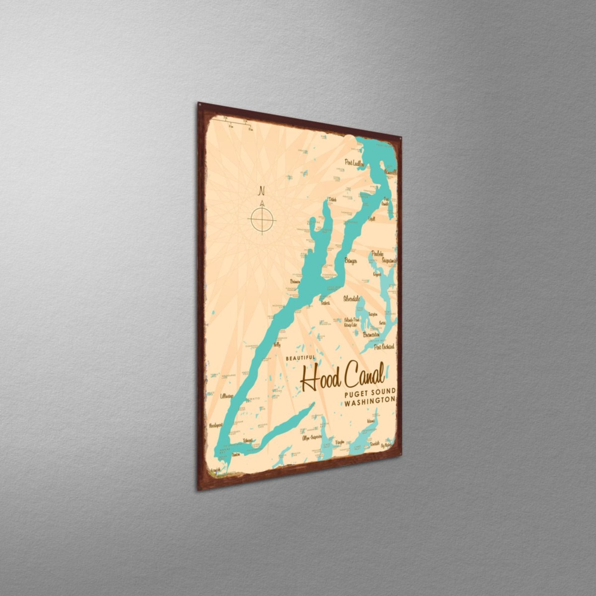 Hood Canal Washington, Rustic Metal Sign Map Art