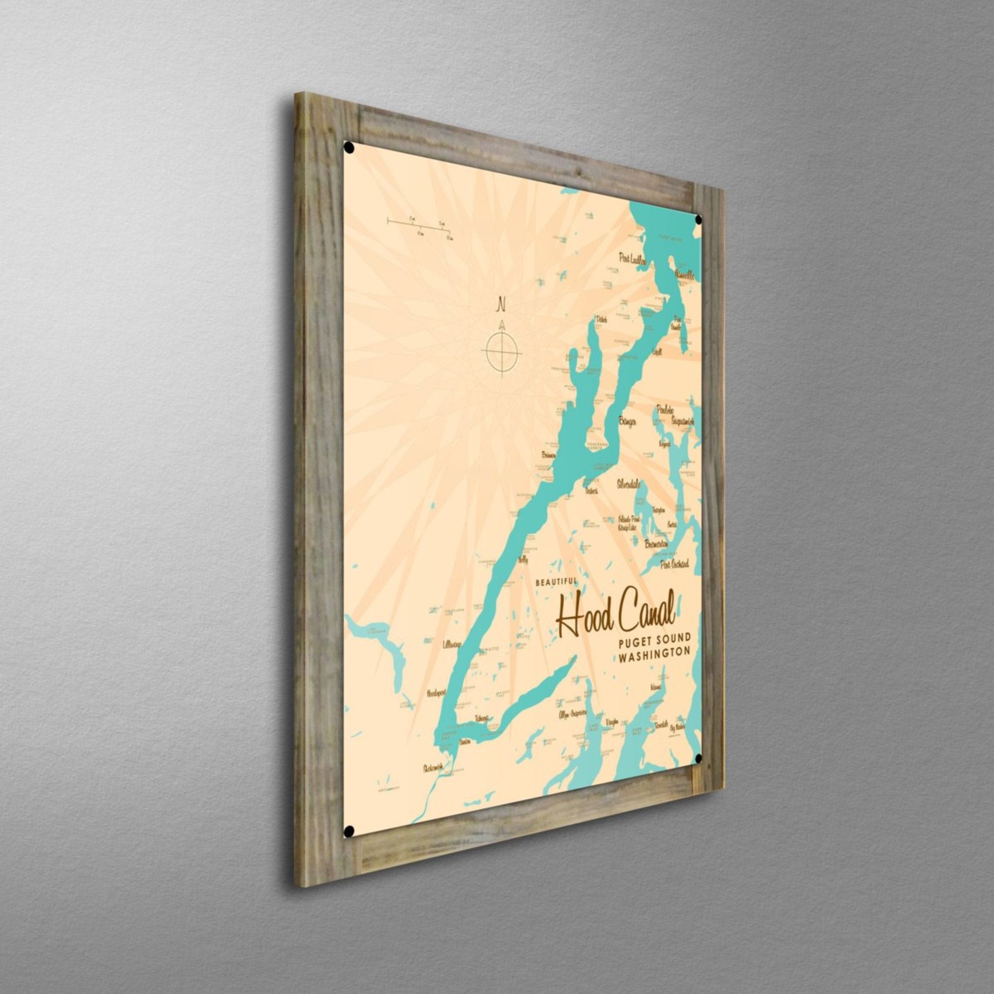 Hood Canal Washington, Wood-Mounted Metal Sign Map Art