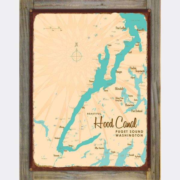 Hood Canal Washington, Wood-Mounted Rustic Metal Sign Map Art