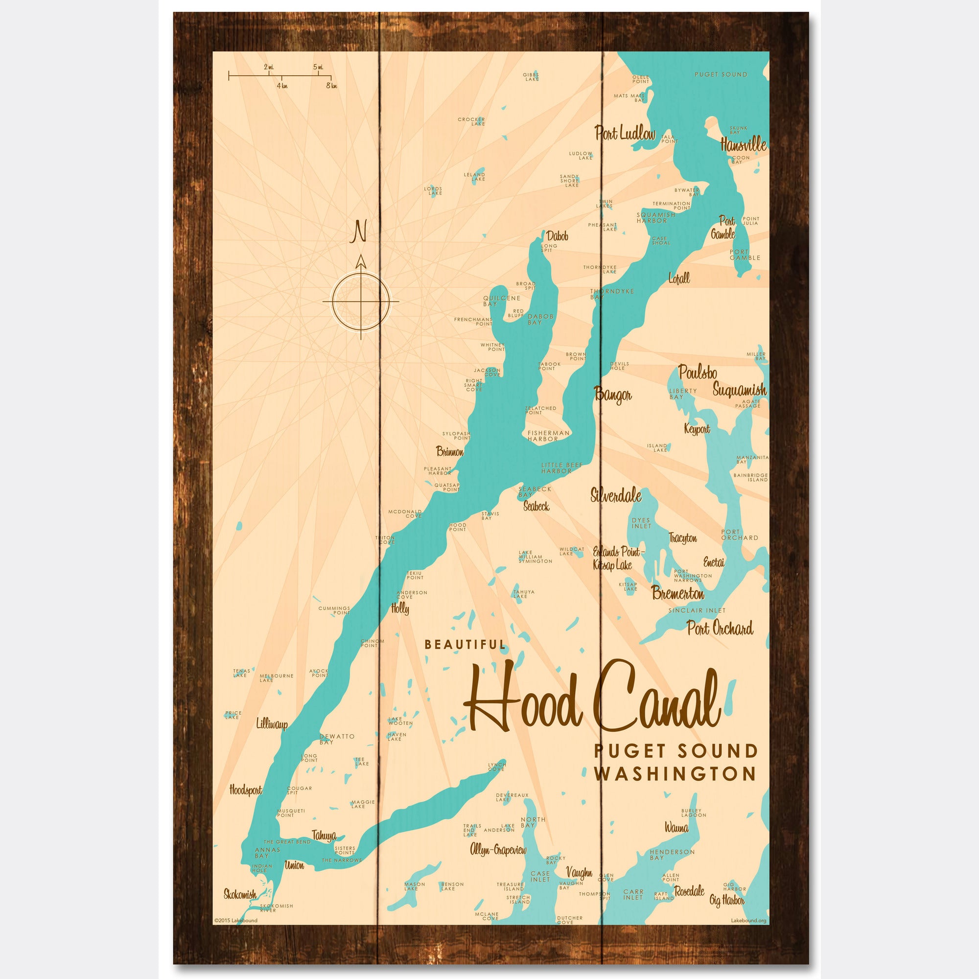 Hood Canal Washington, Rustic Wood Sign Map Art